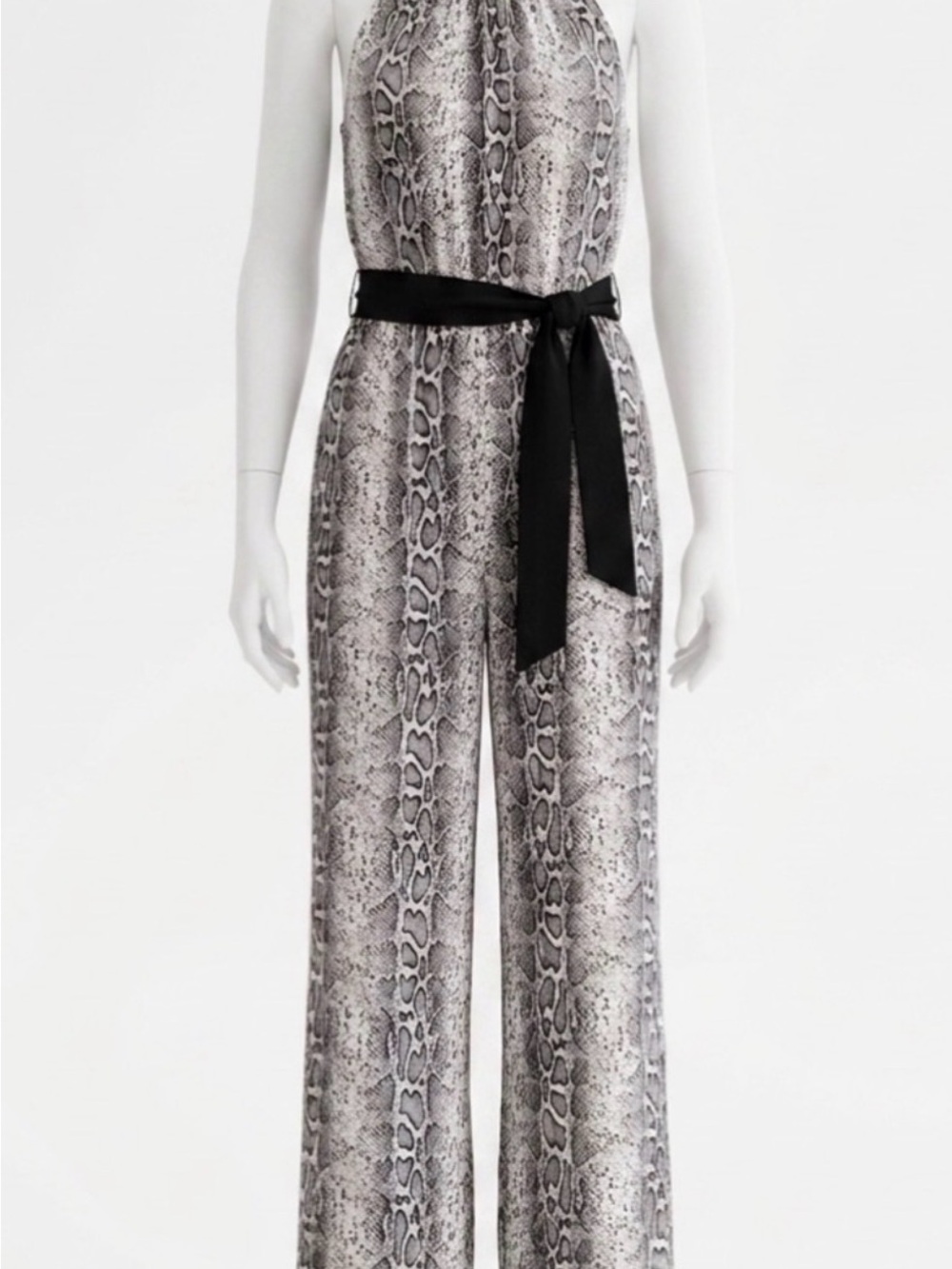 Love & Legend Gray Snake-Print Halter Jumpsuit with Black Tie